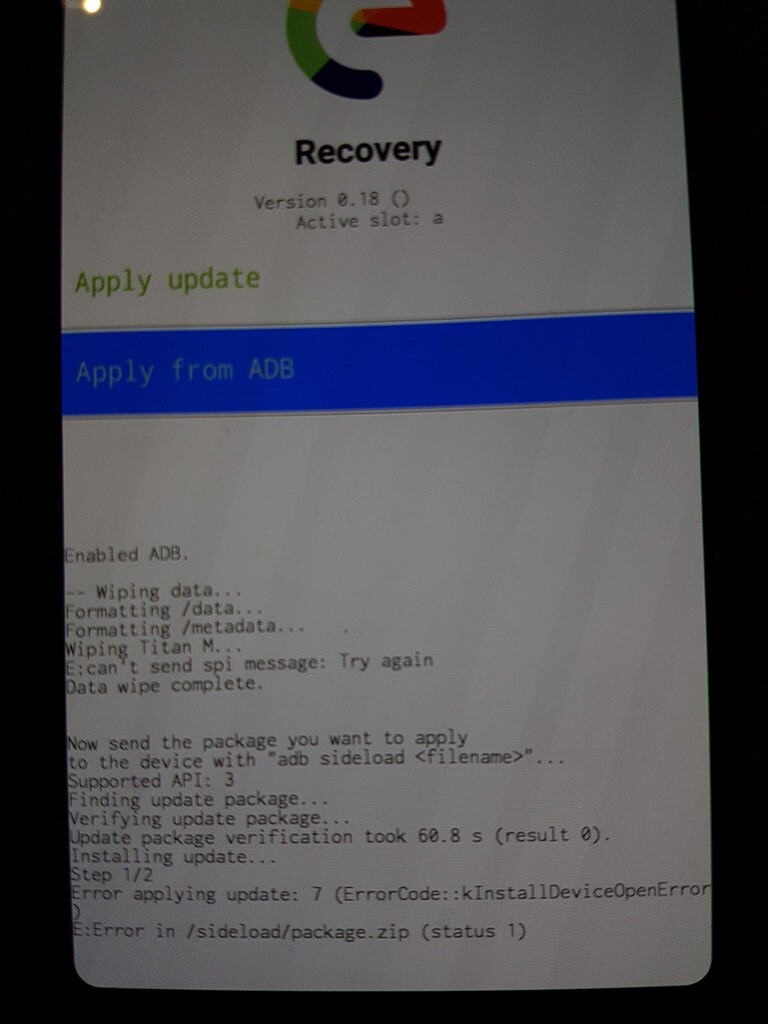 Installing e on Pixel 3 ends up with