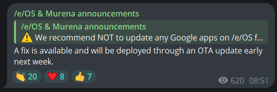 Screenshot of a message in a Telegram channel named "/e/OS & Murena announcements" that reads: "A fix is available and will be deployed through an OTA update early next week."